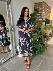 Navy Leaf Pattern Shirt Dress Savana