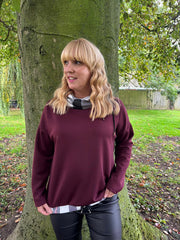 Wine Checked Trim Sweat Top Iris