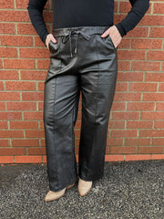Black Wide Leg Seam Front Pleather Trousers