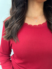 Wine Ribbed Lace Trim Top Madeline