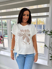 White Diamante Floral Lace Trim Tee Aria