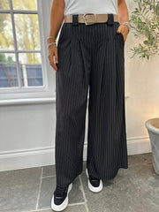 Black Tailored Wide Leg Pinstripe Trousers