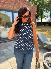 Navy Polka Dot Halter Neck Top Jessie