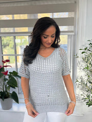 Silver Open Weave Shimmer Knit Saffron