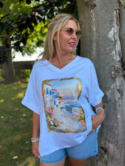 White Mediterranean Coastal Print Tee Carol