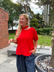 Red Asymmetric Off Shoulder Knit Cora
