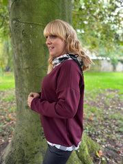 Wine Checked Trim Sweat Top Iris