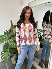 Wine Argyle Knit Top Georgia