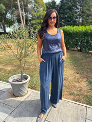 Navy Wide Leg Pull On Trousers Cara