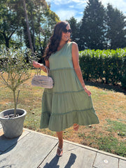 Green Bubble Cotton Fringed Tier Dress Amanda