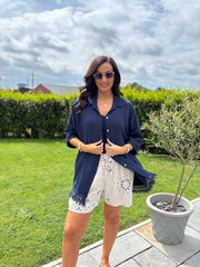 Navy Bubble Cotton Crochet Hem Blouse Jo