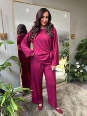 Wine Textured Trousers Set Liora