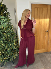 Wine Short Sleeve Brooch Top Leona