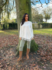 Winter White Ruched Lace Trim Top Janet