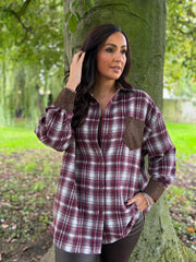 Wine Faux Leather Trim Checked Shirt Jess