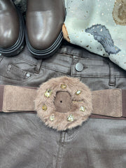 Stone Faux Fur Gem Buckle Belt