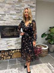 Black Polka Dot Belted Mesh Dress Alana