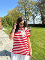 Red Crochet Floral Striped Top Gemma