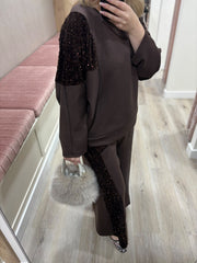 Chocolate Cropped Sequin Panel Wide Leg Trousers