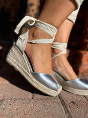 Silver Lace Up Espadrille Wedge