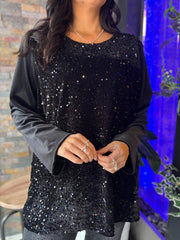 Black Velour Sequin Panel Top Raven