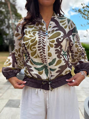 Chocolate Palm Oasis Linen Blend Bomber Jacket