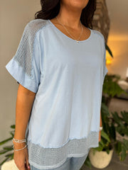 Blue Mesh Trim Short Sleeve Top Riley