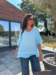 Blue Frayed Detail V Neck Top River