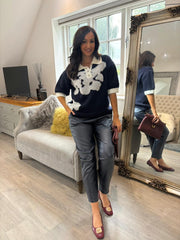 Navy Luxury Collared Floral Knit Eve