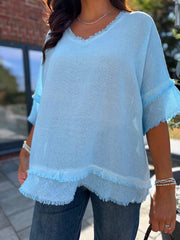 Blue Frayed Detail V Neck Top River