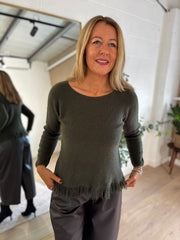 Khaki Long Sleeve Fringed Knit Amara