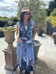 Navy Floral Brushed Pattern Trouser Set Ariel
