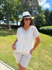White Gold Trim Open Knit Top Karen