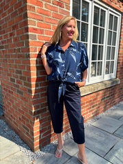 Navy Sketched Leaf Tie Front Blouse Brielle