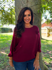 Wine Applique Ruffle Sleeve Knit Crystal