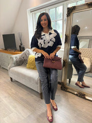 Navy Luxury Collared Floral Knit Eve