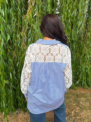 Denim Lace Sleeve Pinstripe Shirt Cove