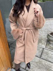 Camel Luxury Faux Fur Cuffed Coat Valentina