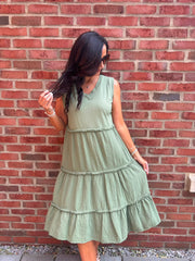 Green Bubble Cotton Fringed Tier Dress Amanda