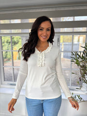 White Ruffle Detail Top Jeanelle