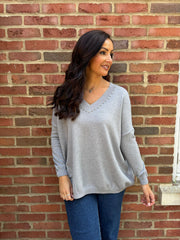 Grey Diamante V Neck Knit Tori