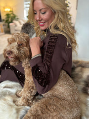 Chocolate Sequin Velour Trim Jacket Trixie