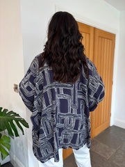 Navy Geometric Line Print Oversized Shirt Irene