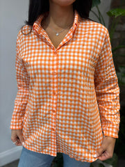 Orange Button Sleeve Gingham Blouse Opal