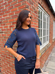 Navy Lace Sleeve Fine Knit Becca