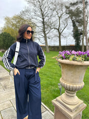 Navy Tailored Wide Leg Pleat Trousers