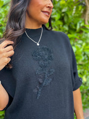 Black Textured Flower Knit Claire