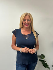 Navy Ribbed Lace Detail Top Amelia