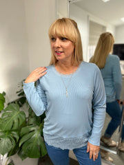 Blue Ribbed Lace Trim Top Madeline