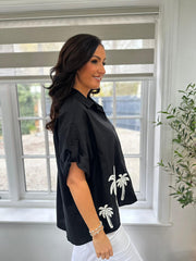 Black Tropical Palm Embroidered Blouse Anya